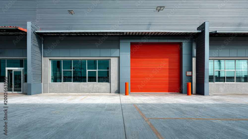 Fototapeta premium Industrial or commercial building exterior. Use as factory, warehouse, store and workplace. Safety and protection with roller door, roller shutter or overhead door. Concrete pavement floor outside.