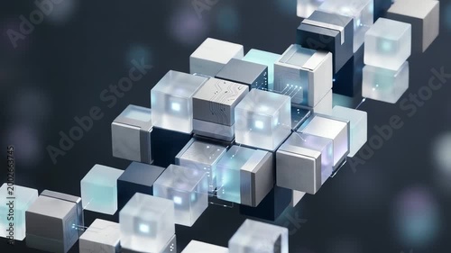 Abstract representation of interconnected cubes with glowing elements against a dark background