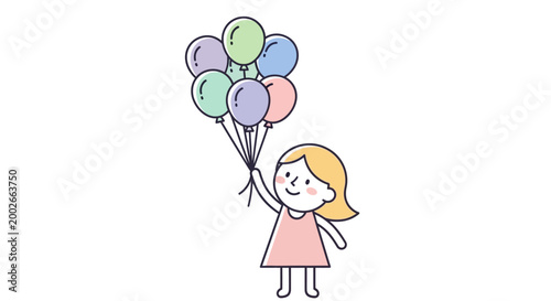 Little girl holding colorful balloons high.