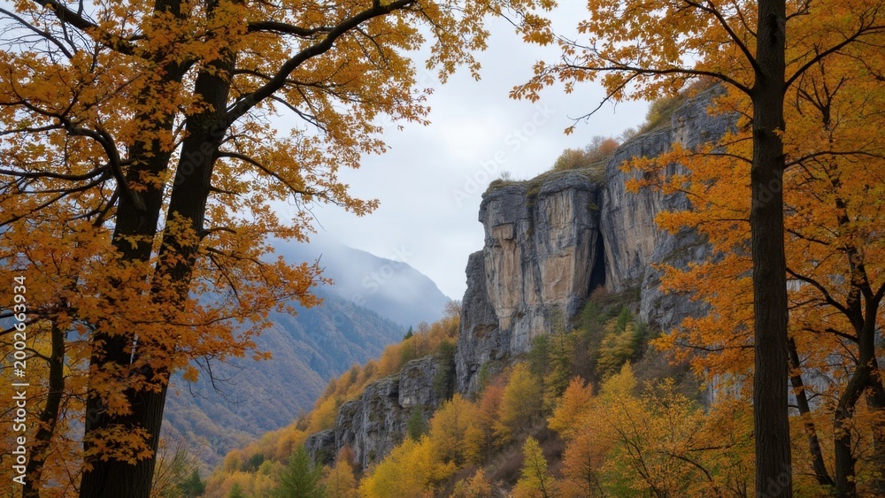 Fototapeta premium Landscape with trees and mountain cliff.