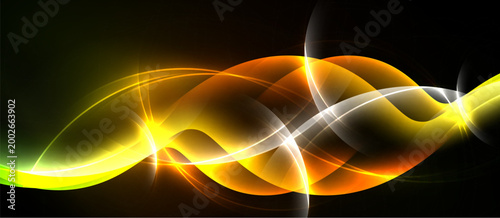 Bright abstract waves, vibrant colors blend. Dynamic lines create energy, flowing forms suggest movement. Dark background emphasizes luminosity.