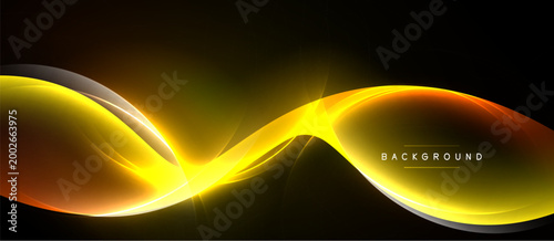 Abstract yellow wave design over black background. Smooth curves create dynamic visual effect. Brightness emphasizes modern aesthetic.