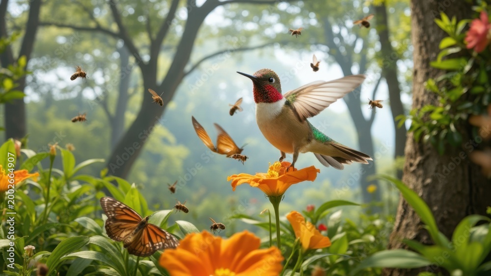 Naklejka premium A brightly colored hummingbird in flight over a vibrant flower garden, surrounded by bees and forest trees.