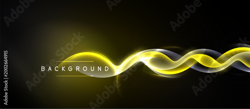 Abstract yellow light waves over black background. Dynamic design, modern aesthetic, smooth curves, energy flow.