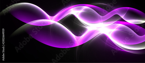 Abstract purple waves, bright light center. Smooth curves create dynamic energy, dark background enhances glow.