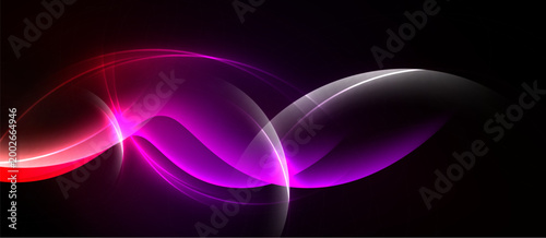 Abstract neon waves flow across black background. Vibrant colors blend, creating dynamic visual effect. Smooth curves suggest movement, energy.