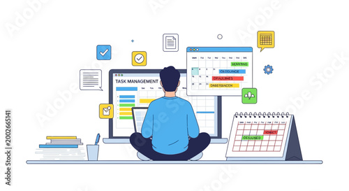 Business productivity, office workflow, organization icons, vector illustration, desk workspace