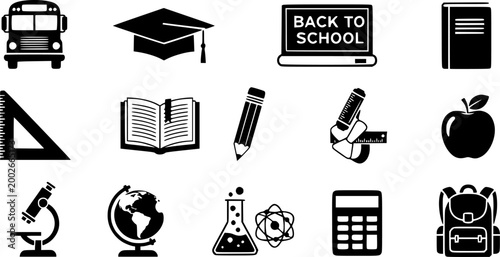 Back to school vector icon set, black silhouette education symbols with school bus and graduation cap, academic supplies and backpack collection
