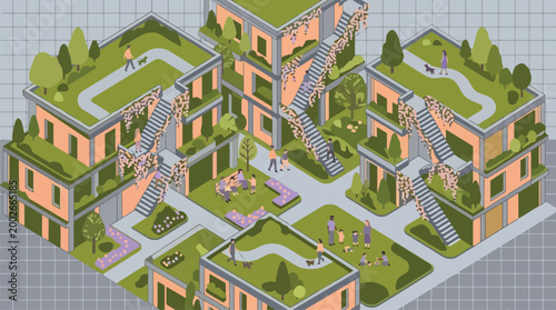Isometric Green Apartment Complex with Terraced Gardens.