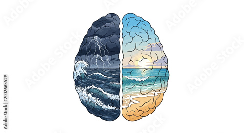 Photos Conceptual brain illustration showing storm and calm sea for mental health balan