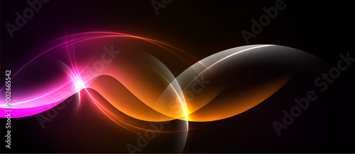 Abstract waves, vibrant colors, dynamic light effects. Smooth curves create flowing energy, contrasting dark background.