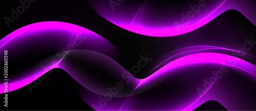 Abstract purple waves flow across black background. Smooth curves create dynamic, glowing visual effect. Minimalist design.
