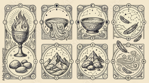 Tarot cards deck with symbolic illustrations.