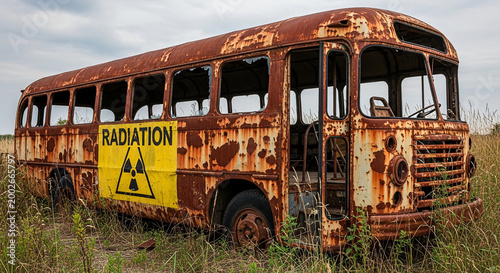 Rusty abandoned bus with a radiation warning sign in a field. The concept of radioactive danger zone and environmental danger.
