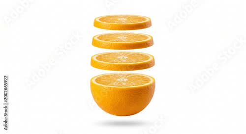 Stacked orange slices suspended above a whole orange, isolated on transparent background.
