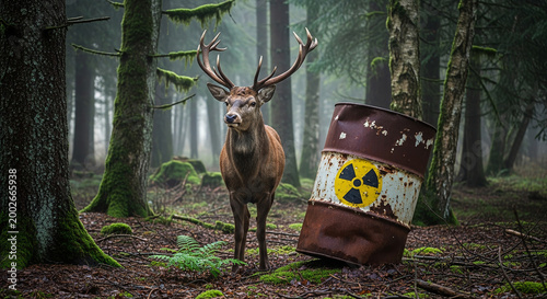A lonely deer next to a rusty metal barrel with a warning sign about radioactivity in the forest. Concept of environmental pollution and threat of nuclear waste to wildlife.