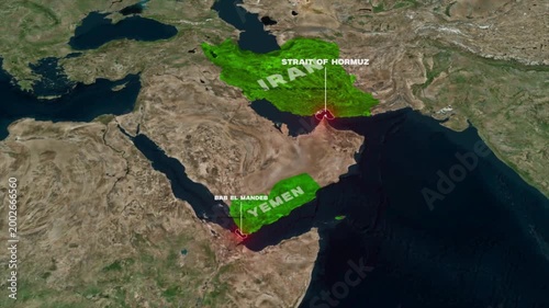 Strait of Hormuz on the world map. bab al mandab, Yemen. Strait Of Hormuz Map Animation. Geopolitical Map Animation of Hormuz channel and Bab Al Mandab through the Persian Gulf and Red Sea