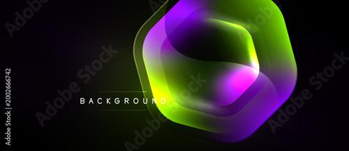 Abstract vibrant hexagon design. Gradient colors blend, creating dynamic visual effect. Dark background emphasizes bright shapes. Modern, stylish presentation.