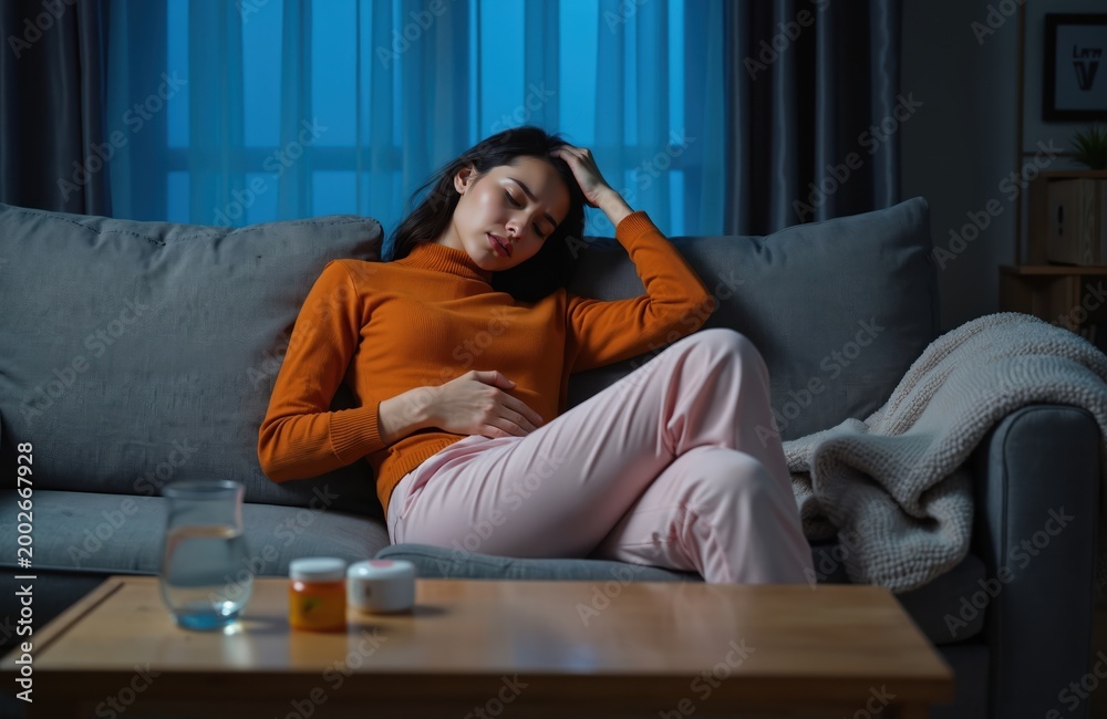 Fototapeta premium Young woman feels stomach ache lying on sofa in dark room. She holds her belly in pain. Water and pills on table. Evening discomfort and health problem.