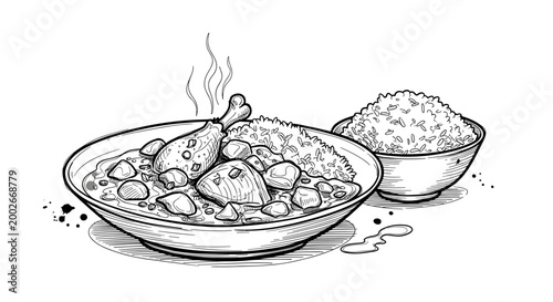 Black and white illustration of steaming chicken curry served in a bowl next to a separate dish of fluffy rice, showcasing detailed linework and intricate textures