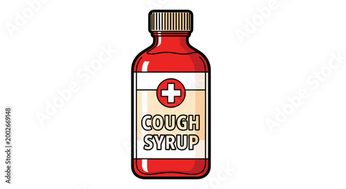 Illustrated cough syrup bottle with a red cross symbol on label, vibrant red and beige colors, isolated on white background