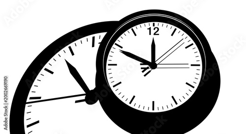 Black and white illustration of two overlapping clocks, one prominently showing midnight with bold hands, against a stark white background