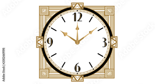 Art Deco style clock with ornate geometric patterns showing midnight against a white background, featuring elegant gold and black detailing