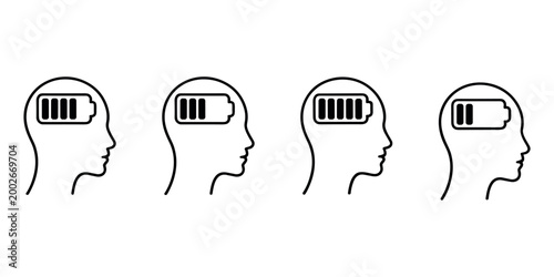 Four human head profiles with battery charge levels human heads low battery full battery profile views