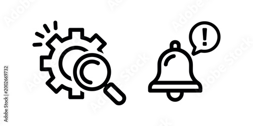 Gear with magnifying glass and notification bell with exclamation mark symbols in white background