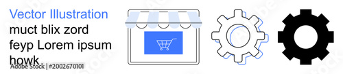 E-commerce, online shopping, process automation, system integration, retail business, digital tools. Storefront with a shopping cart icon, and two gear icons. E-commerce and process automation