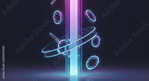 Futuristic Neon Tube with Ring Shaped Orbits in Dark Studio