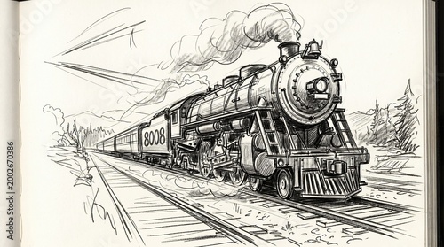 A detailed sketch of a vintage steam locomotive on a railway, conveying movement with smoke billowing from the engine and a scenic backdrop