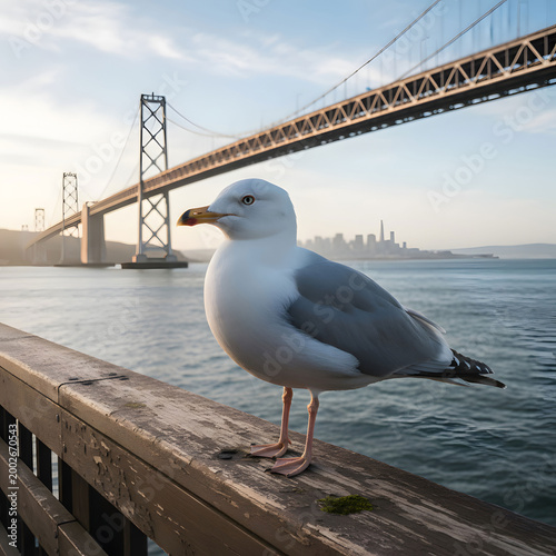 Seagull resting on a wooden railing with Oakland bay bridge behind