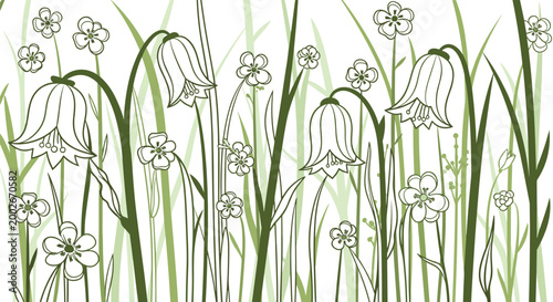 Stylized illustration of a field filled with various green plants and delicate bellflowers over a clean white background.
