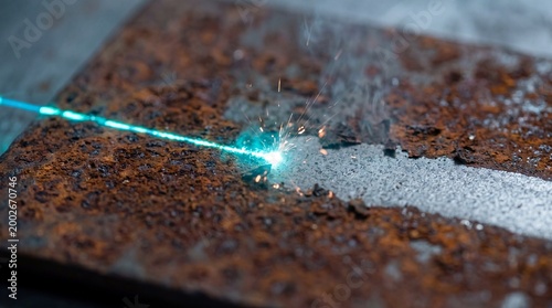 Laser cleaning process removing rust from a metal surface with sparks and smoke