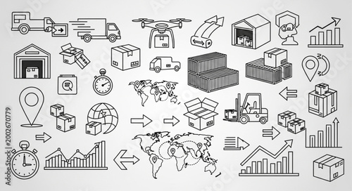 Collection of logistics and delivery service icons and illustrations.