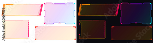 Futuristic HUD frame collection, neon gradient sci-fi borders, 4 digital UI elements for gaming overlays and tech interfaces, PNG format