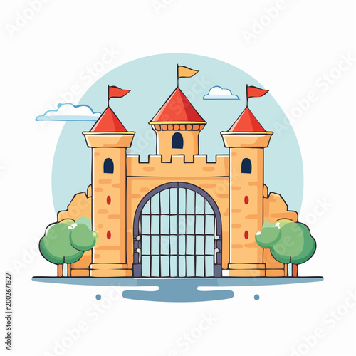 Cartoon Castle with Flags and Trees