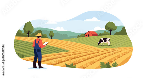 Farmer standing in a vast agricultural field holding a tablet and overseeing the farmland with a cow and barn in distance.