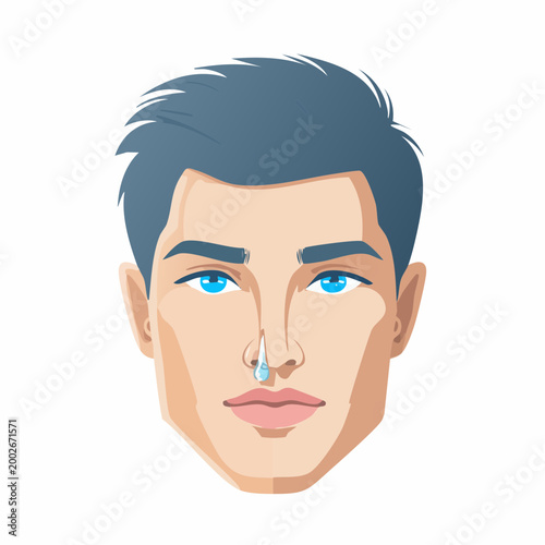 Man with a runny nose and a drop of liquid