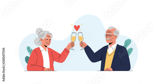 Happy elderly couple clinking glasses of champagne in a celebratory toast to their love and long-term relationship.