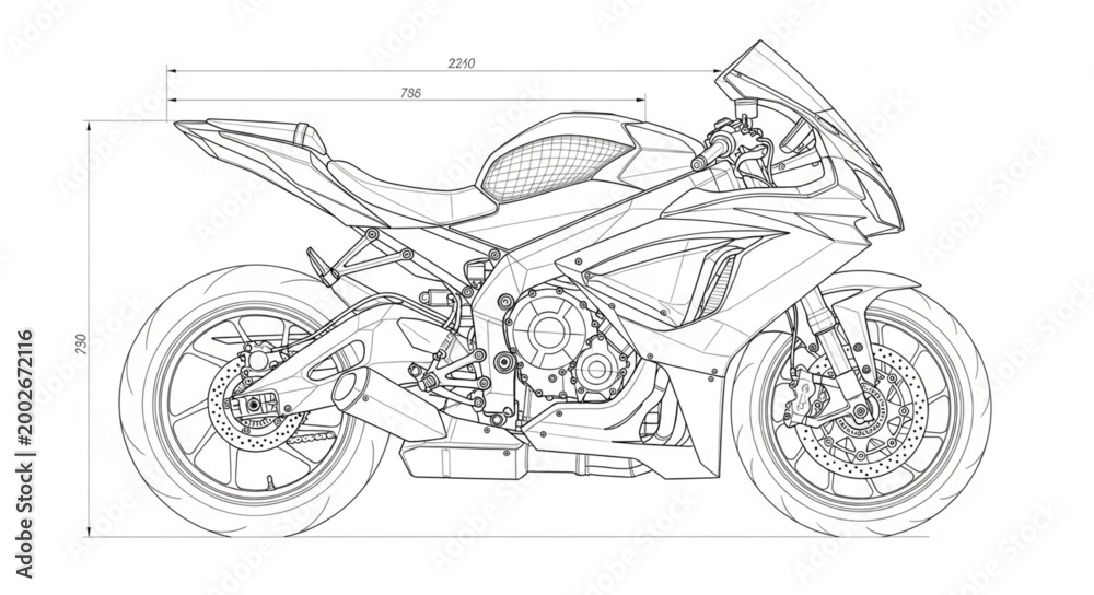 Fototapeta premium Detailed technical drawing of a modern sport motorcycle.
