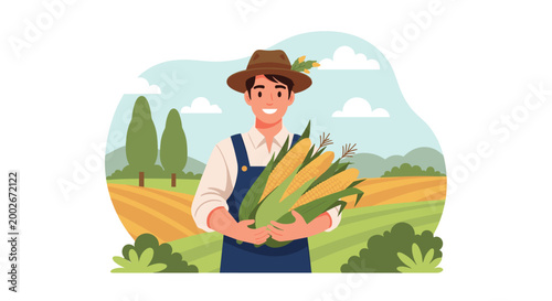 Smiling young farmer in a hat and overalls holding a large harvest of fresh corn in a sunny agricultural field.