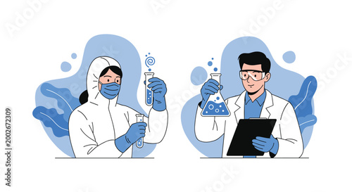 Two professional scientists working in a laboratory environment with test tubes and flasks for chemical and medical research.