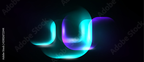 Abstract neon shapes overlap, creating luminous curves. Dark background emphasizes vibrant teal, purple glows. Modern design element.