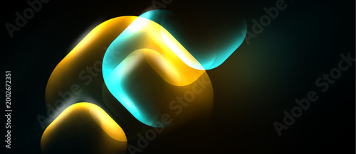 Abstract glowing shapes overlap, creating vibrant light effects against dark background. Soft gradients, smooth curves define composition.
