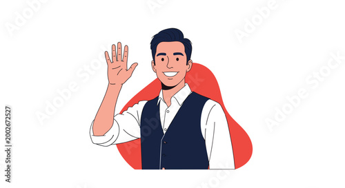 Friendly young man with a smile wearing a white shirt and navy vest waving his hand in greeting against a simple red background shape.