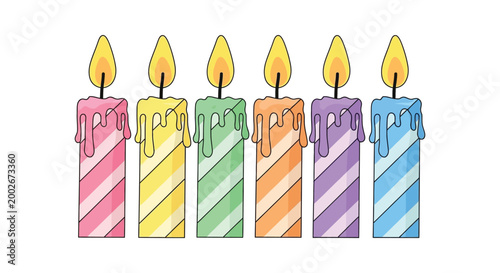 Colorful striped birthday candles with dripping wax glow brightly in this vector illustration