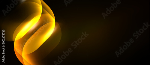 Golden curves flow, creating dynamic abstract design. Dark background emphasizes bright shapes, suggesting movement, energy.