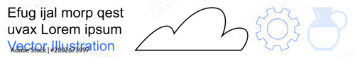 Technology, cloud computing, software functionality, data storage, industry, utilities. A minimal cloud outline with a gear and water pitcher icon. Technology and cloud computing